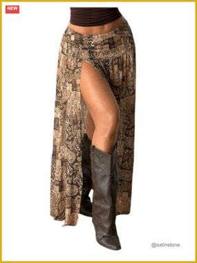 Boho Paisley Maxi Skirt High Slit Flowy Wrap Skirt